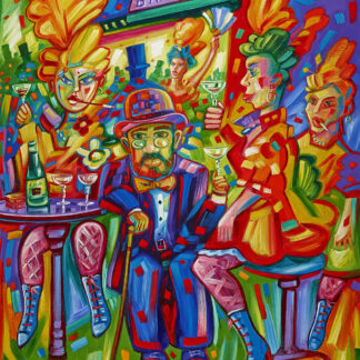 Colorful, expressionistic painting of lively bar scene with multiple figures, drinks, and vivid patterns. By Raymond Murray